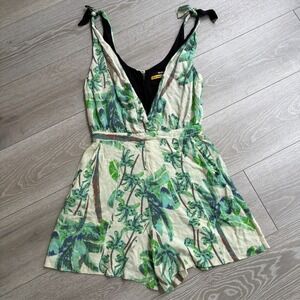 Redley Womens Ivory Green Tropical Palm Print Tie-Shoulder Mini Romper Size S